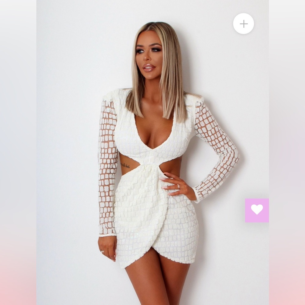 Long sleeve white sequin cutout mini dress